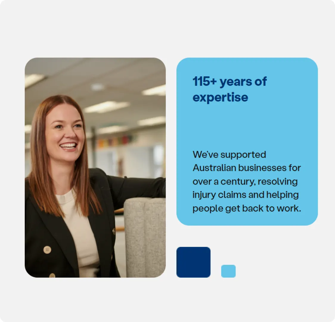 A design card pairing a photograph of a woman in an office with a blue panel reading 115+ years of expertise.
