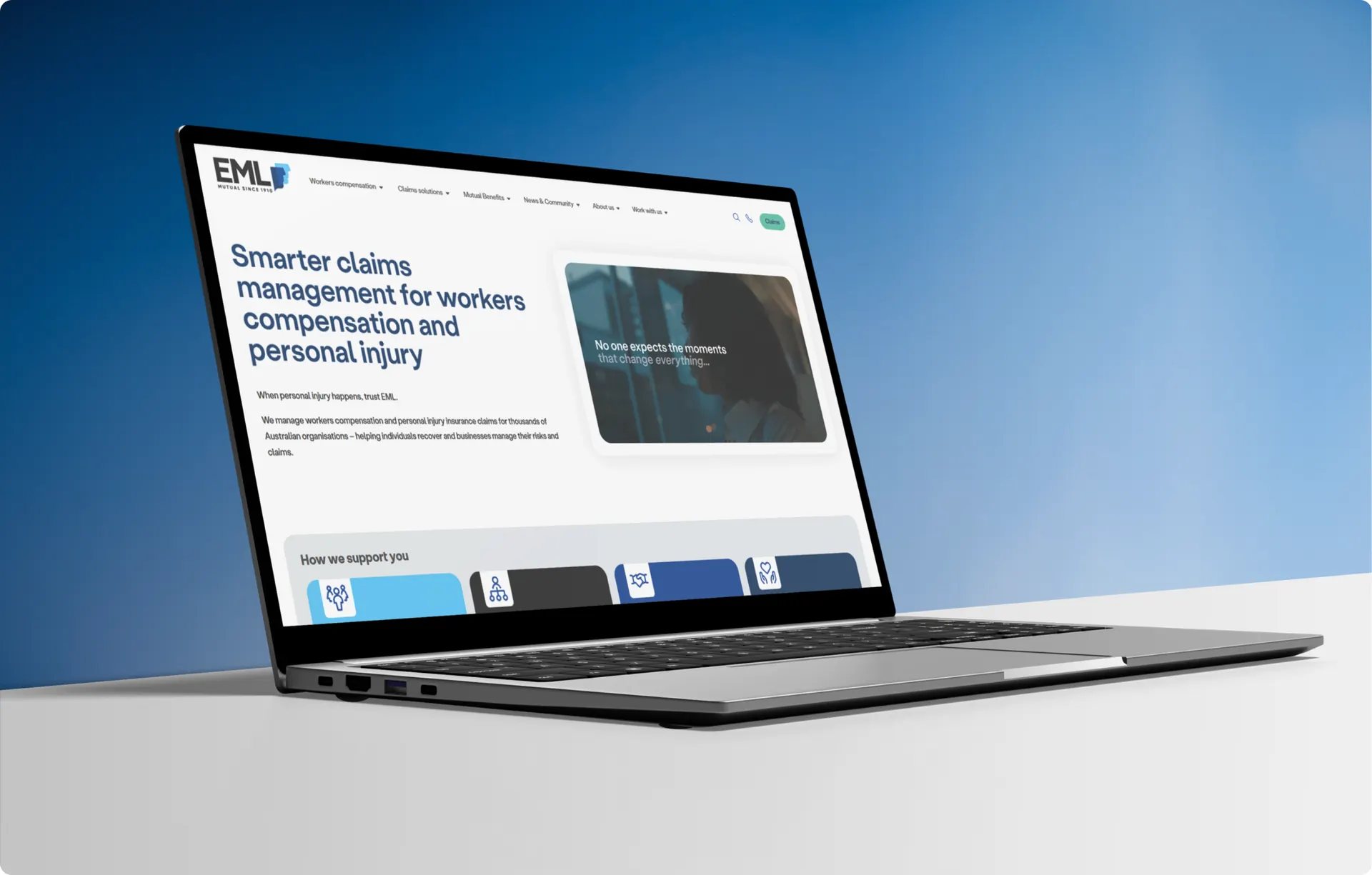 A laptop showing the EML home page, with the claims headline on the left and a video panel on the right.