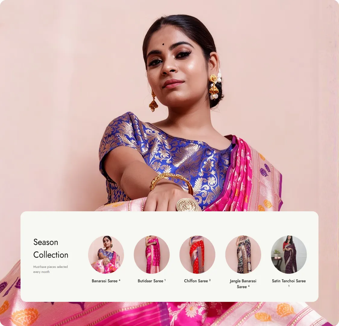 A model photograph with the Season Collection panel over it, showing five round category thumbnails and their names.