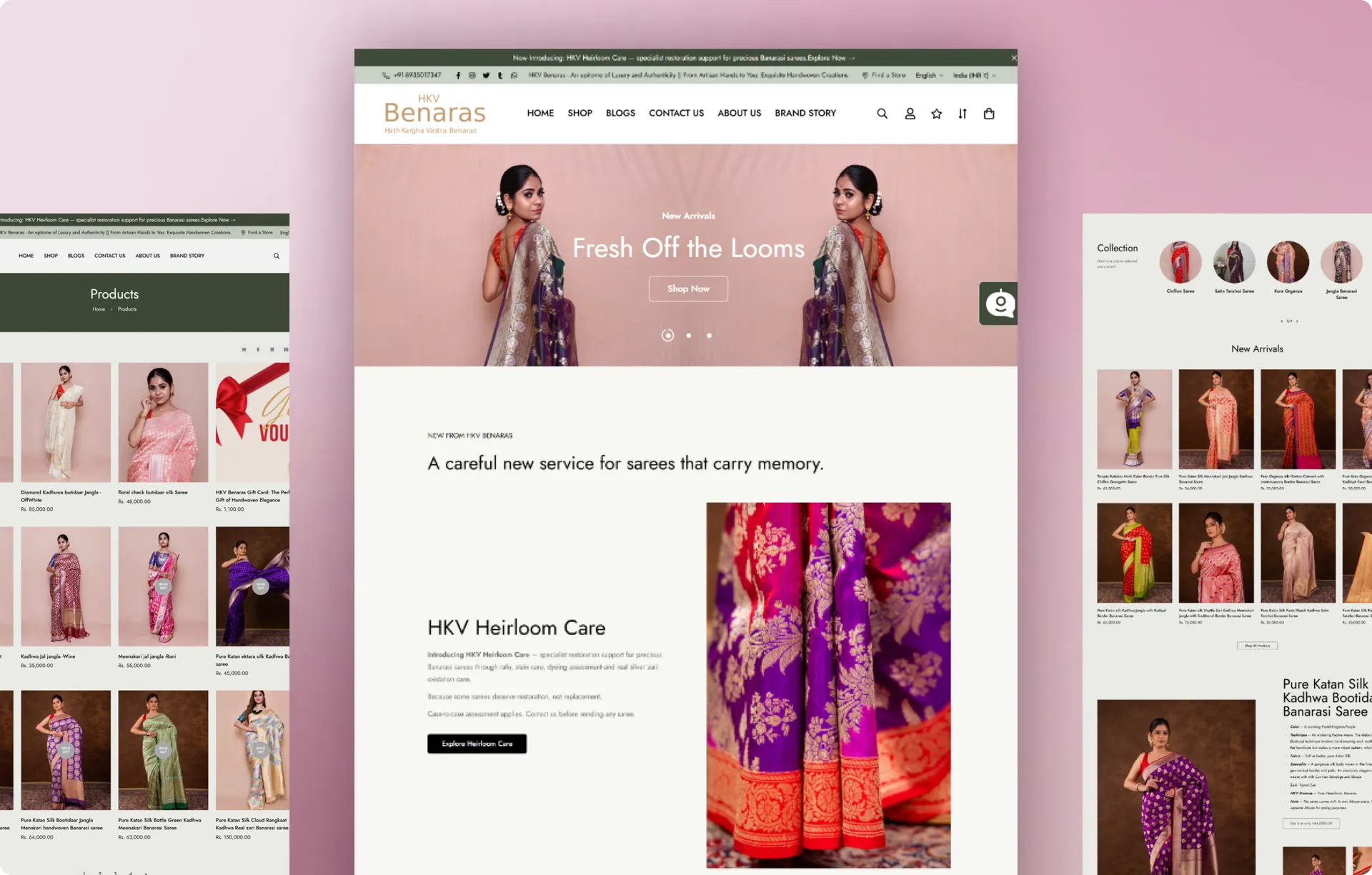 The HKV Benaras homepage in a desktop browser, showing the New Arrivals slide and Shop Now button, with a product listing page beside it.