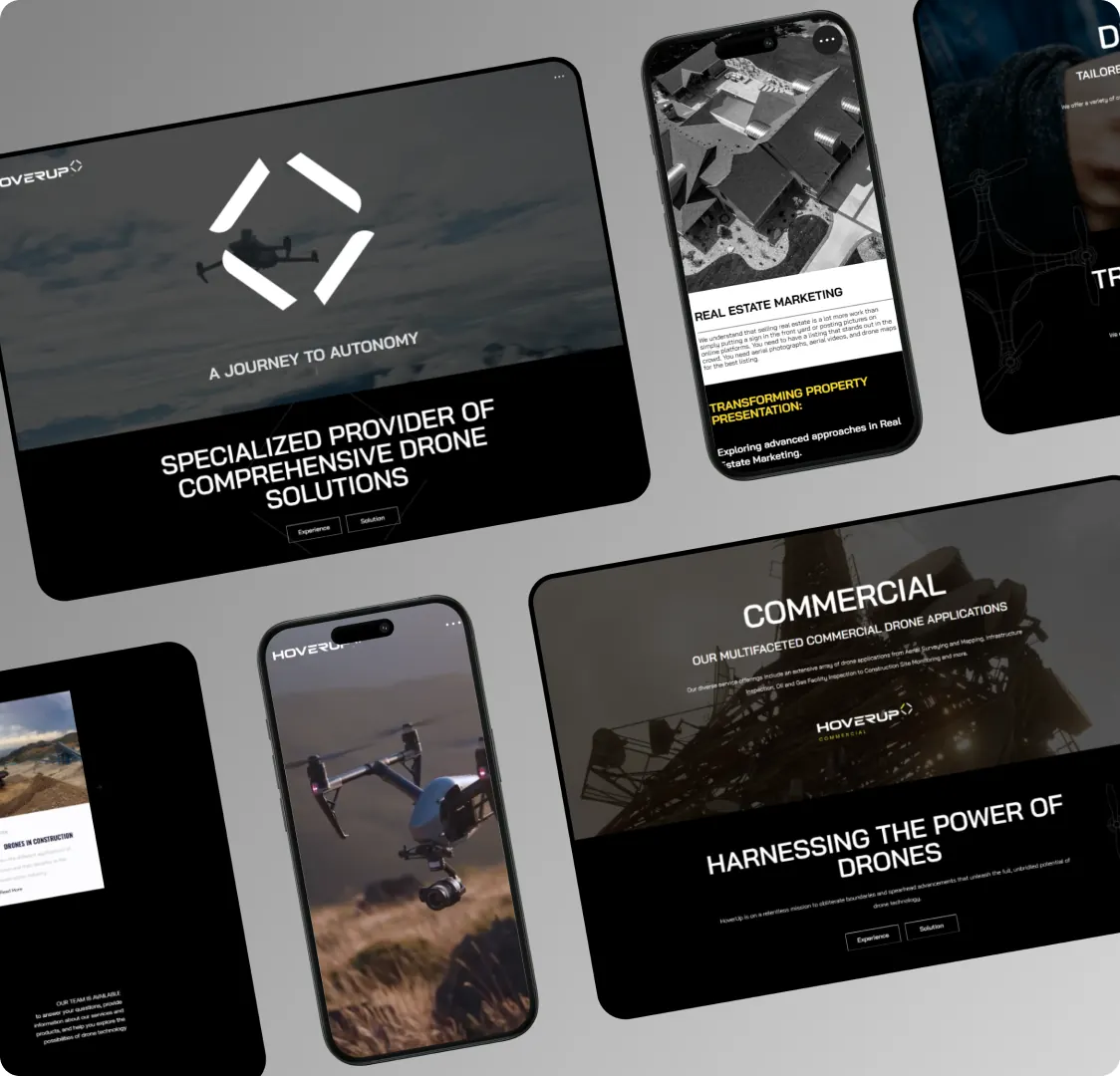 Six screens of the Hover Up site laid out at an angle: the desktop home page, three mobile service pages and the commercial section header.