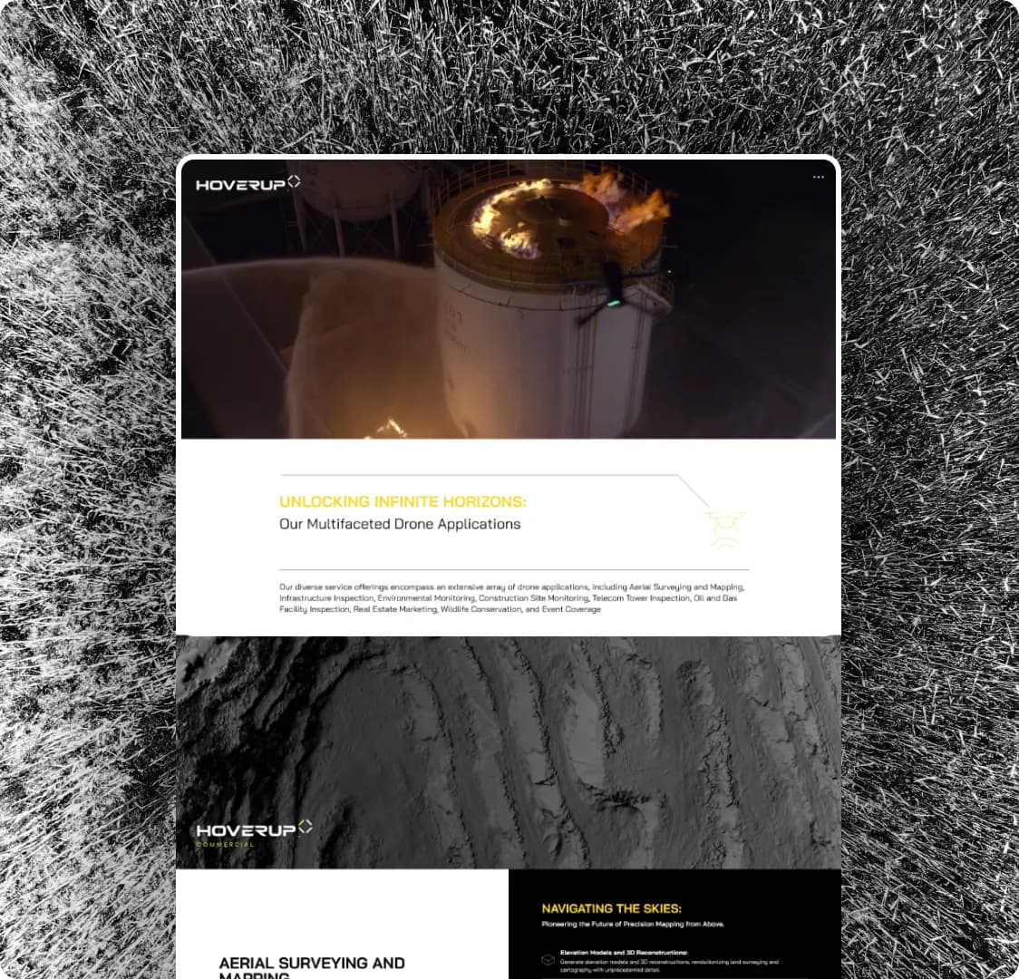 A tablet screen showing the drone applications section over a greyscale aerial photograph, with the surveying and mapping page below it.