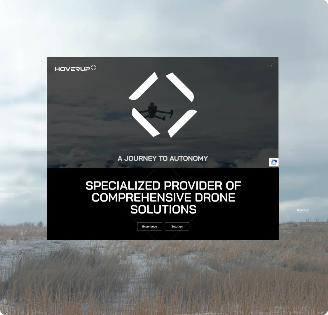The Hover Up desktop home page in a browser window, with the headline over sky footage and Experience and Solution buttons under it.