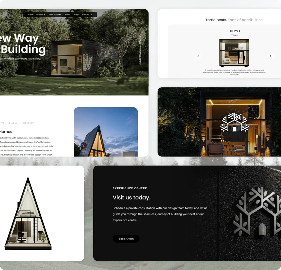 Four parts of the site overlapping each other: the top of the homepage, the model carousel showing Ukiyo, a night photo of a lit cabin, and the experience centre block with its Book A Visit button.