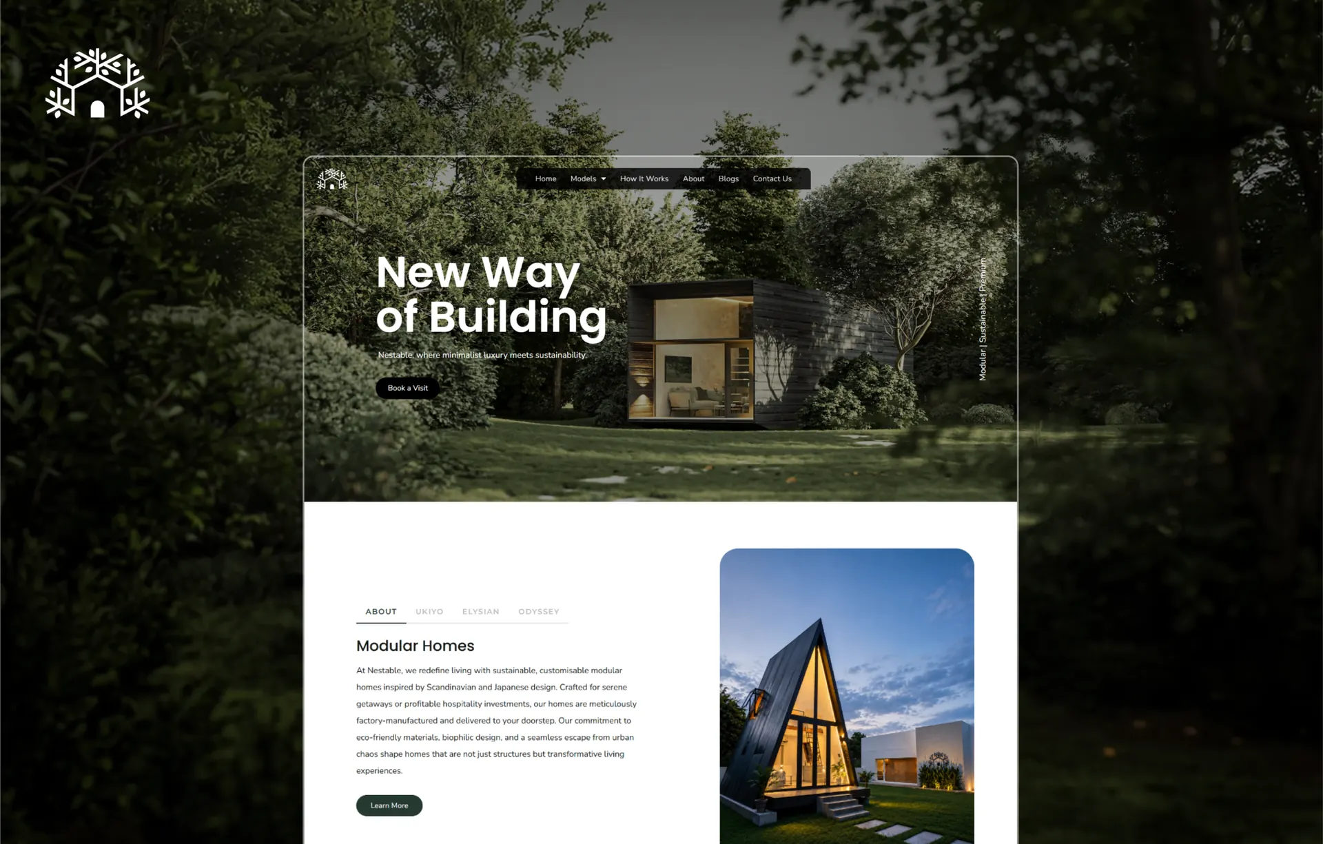 The full Nestable homepage, from the top down to the About tab and the Modular Homes paragraph beside a photo of an A-frame cabin at dusk.