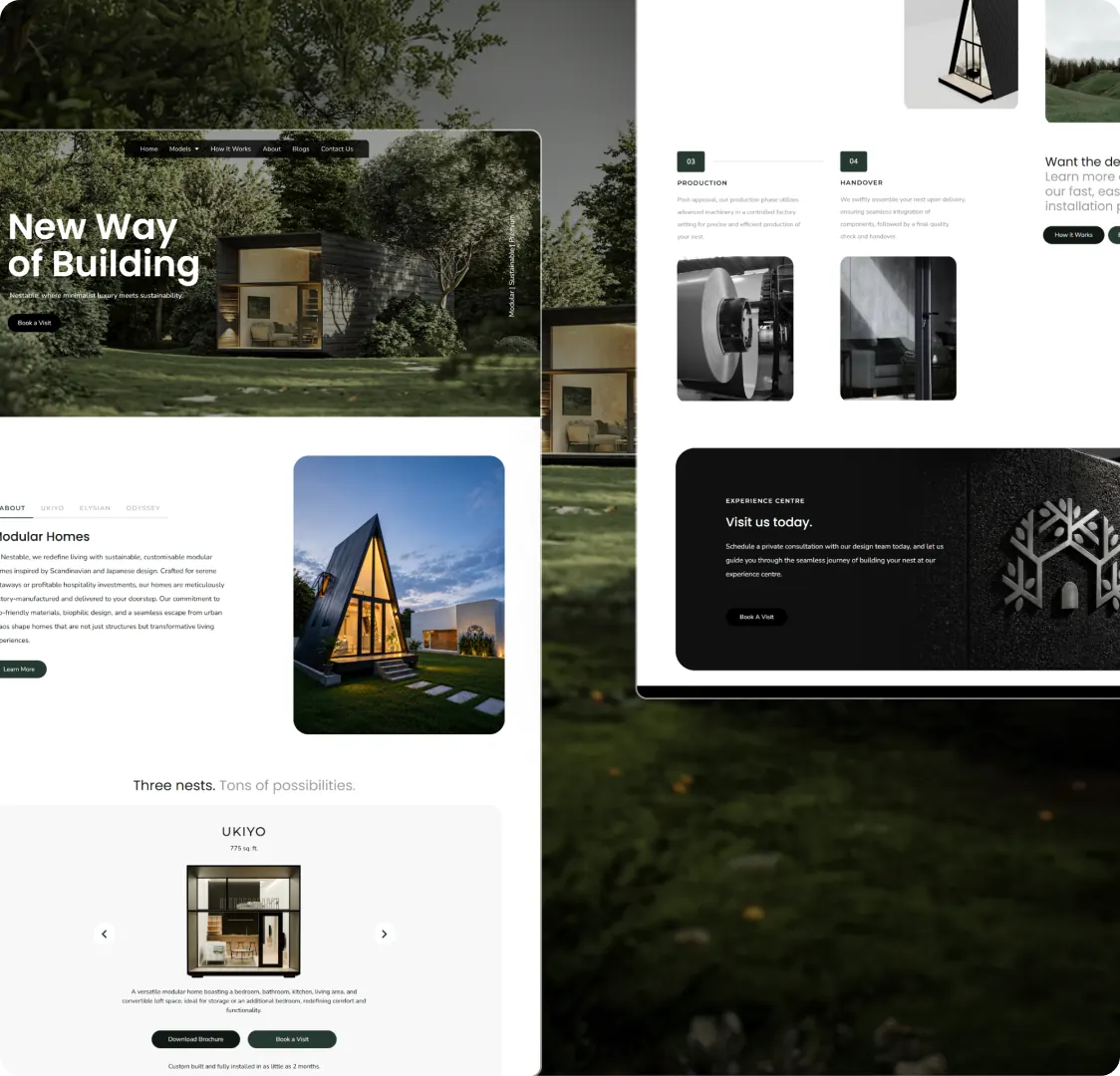 Two browser views of the Nestable site angled against each other, the homepage on the left and the How It Works steps on the right.