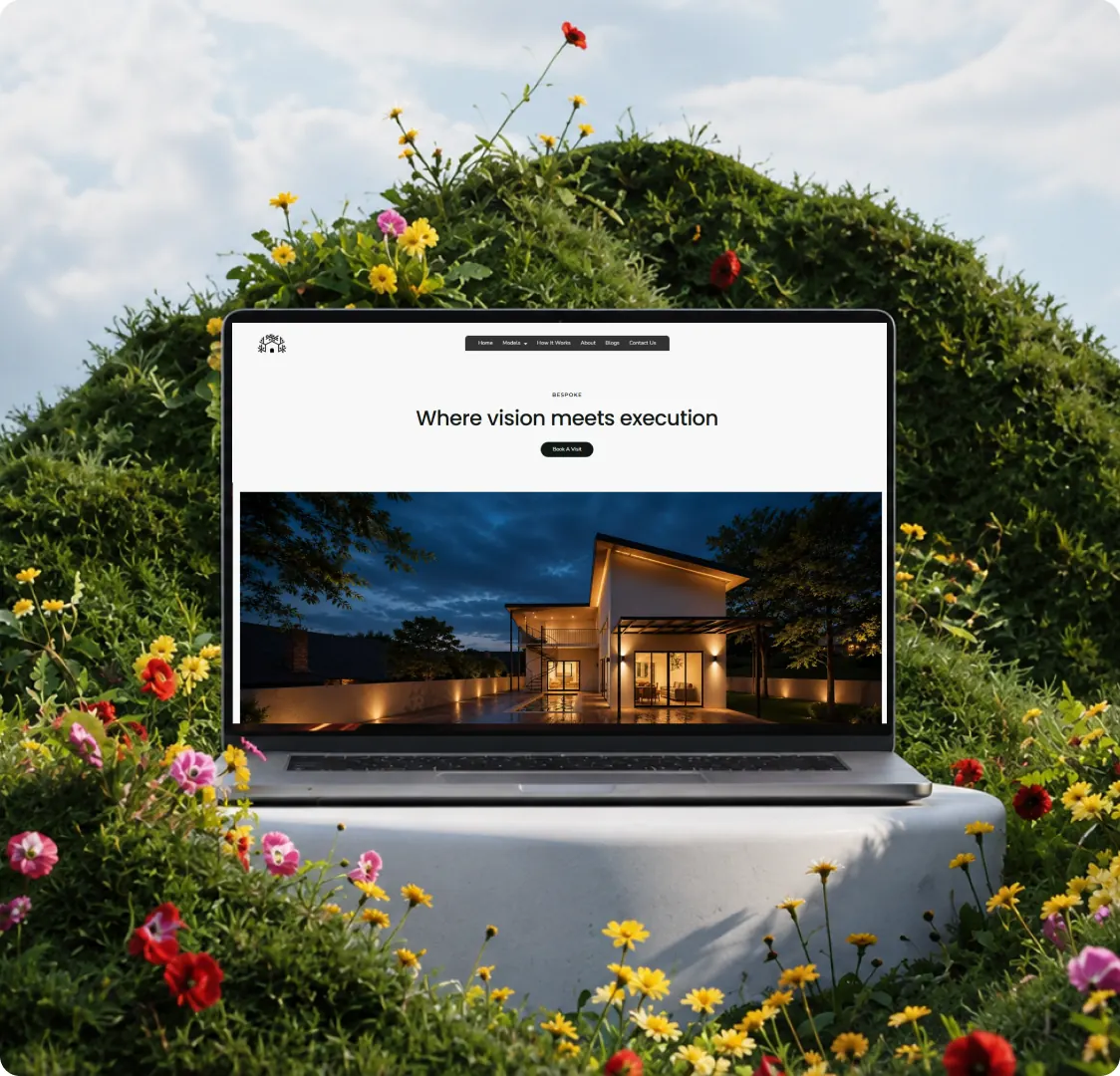 A laptop in a flower bed showing the Nestable custom build page, headed Where vision meets execution above a photo of a lit house at dusk.