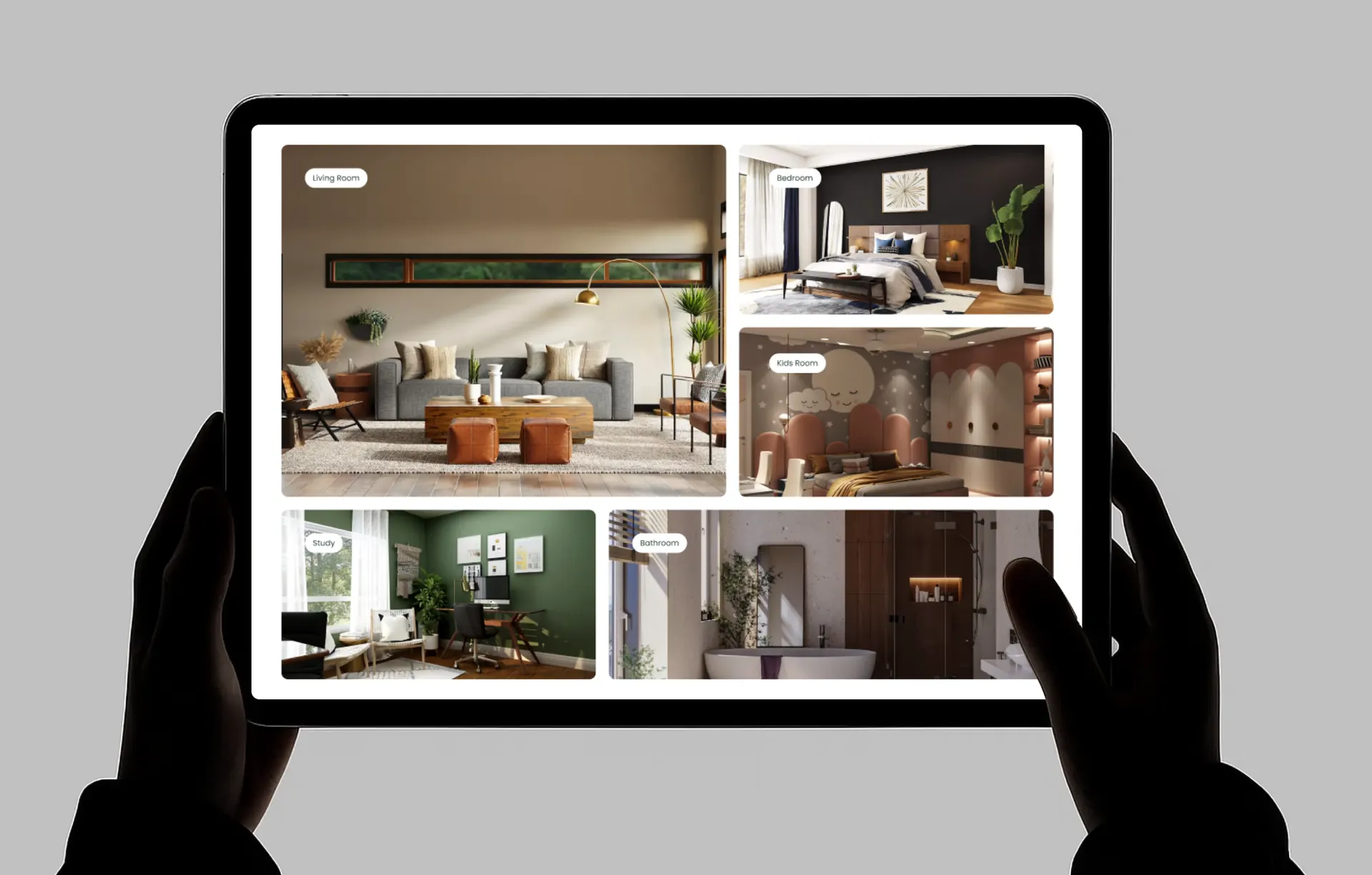 A tablet held in two hands showing a grid of room photos labelled Living Room, Bedroom, Kids Room, Study and Bathroom.