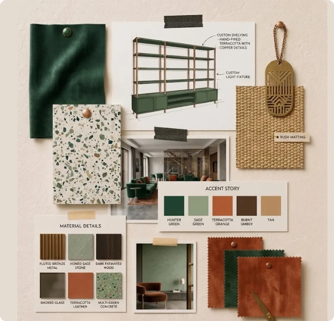 A flat lay mood board of fabric, stone and timber samples, a colour palette card and a pencil sketch of custom shelving.