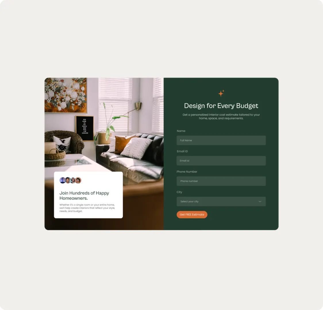 The estimate block: a photo of a living room on the left and a dark green form on the right asking for name, email, phone and city, with a Get FREE Estimate button.