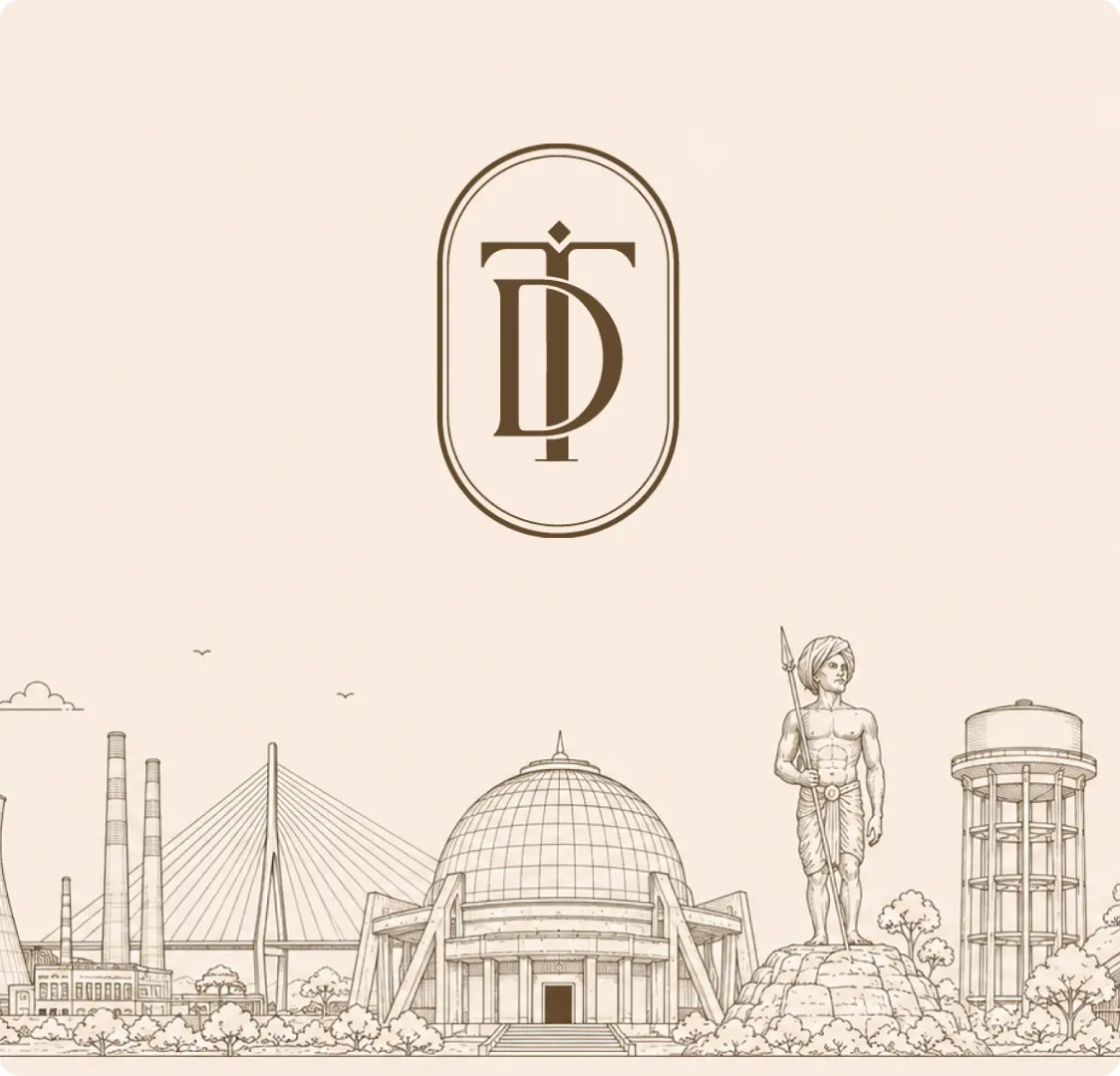 The Tranquil Decor monogram on a cream background, above a line drawing of a skyline of landmark buildings.