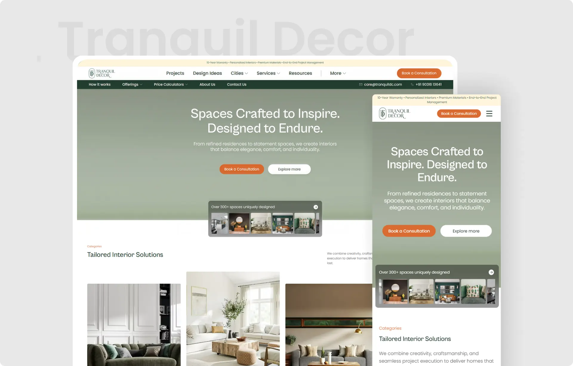 The Tranquil Decor homepage shown on desktop and on a phone, with a green hero, two buttons under the headline and a strip of project thumbnails below them.