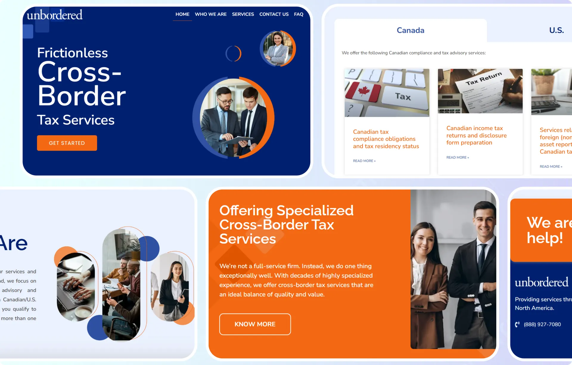 Four parts of the site side by side: the homepage hero, the services tabs with their cards, the Who We Are section, and the orange band explaining what the firm does.