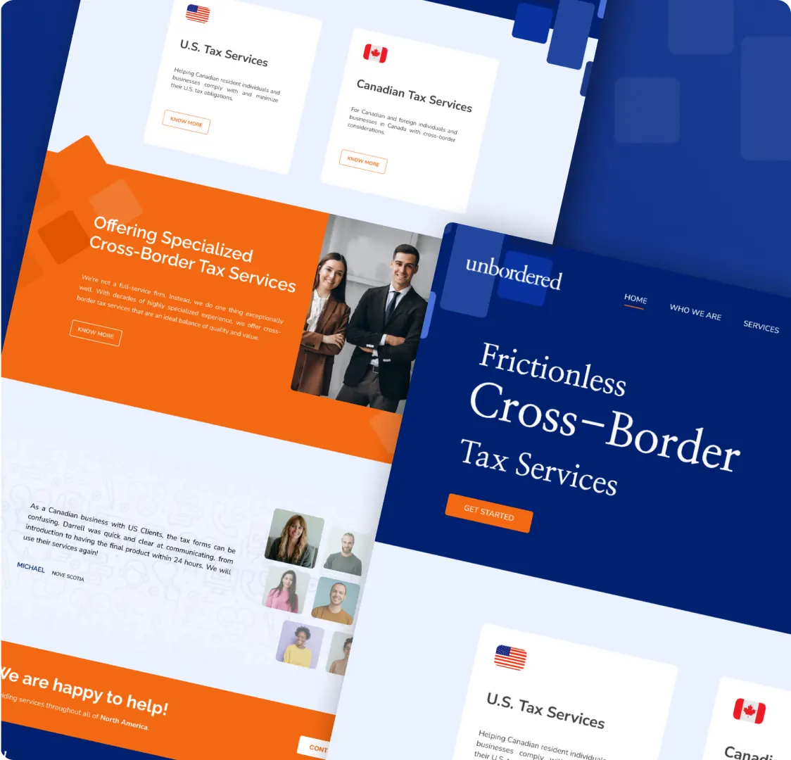 Pages of the unbordered site at an angle, including two service cards, the orange section, a client quote with headshots and the homepage hero.