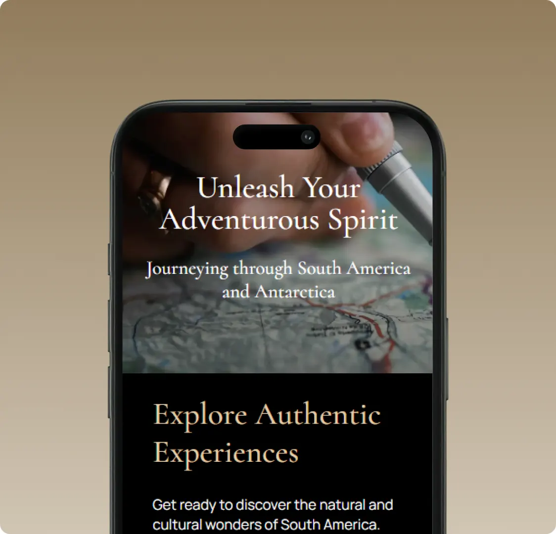 A phone showing the homepage hero over a photograph of a hand marking a map, with the Explore Authentic Experiences section starting underneath.