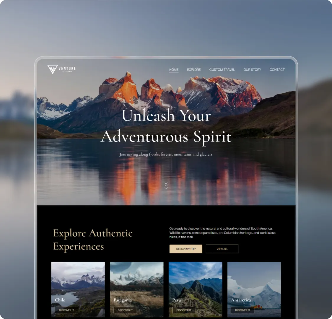 The homepage on a tablet, showing the hero and, below it, four destination cards with the Design My Trip and View All buttons.