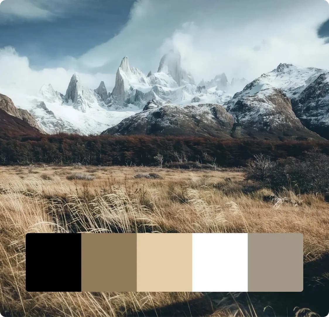 A mountain and grassland photograph with the site's five colour swatches across the bottom: black, tan, sand, white and grey.
