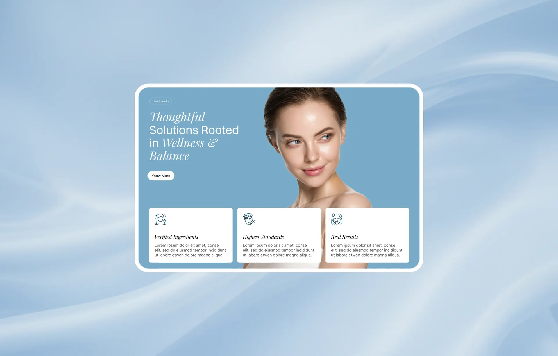 A section of the site on a pale blue background, headed Thoughtful Solutions Rooted in Wellness and Balance, with a photo of a woman and three feature cards below it.