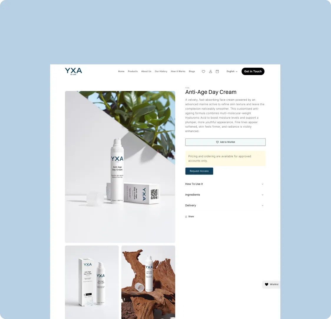 The Anti-Age Day Cream product page, showing the description, an Add to Wishlist button, a notice that pricing and ordering need an approved account, a Request Access button and collapsed sections for how to use it, ingredients and delivery.