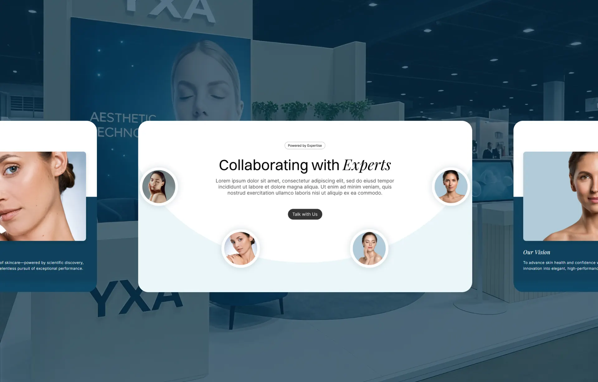 Three parts of the about pages overlapping a photo of the YXA trade show stand, including a block headed Collaborating with Experts.