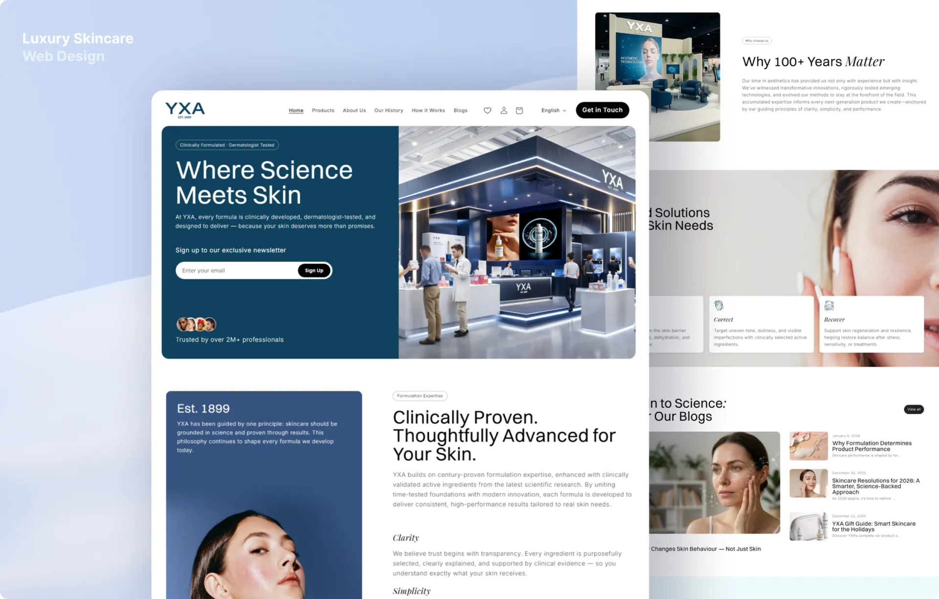 The YXA homepage on desktop, headed Where Science Meets Skin, with a photo of the brand's trade show stand beside it and other sections of the site behind.