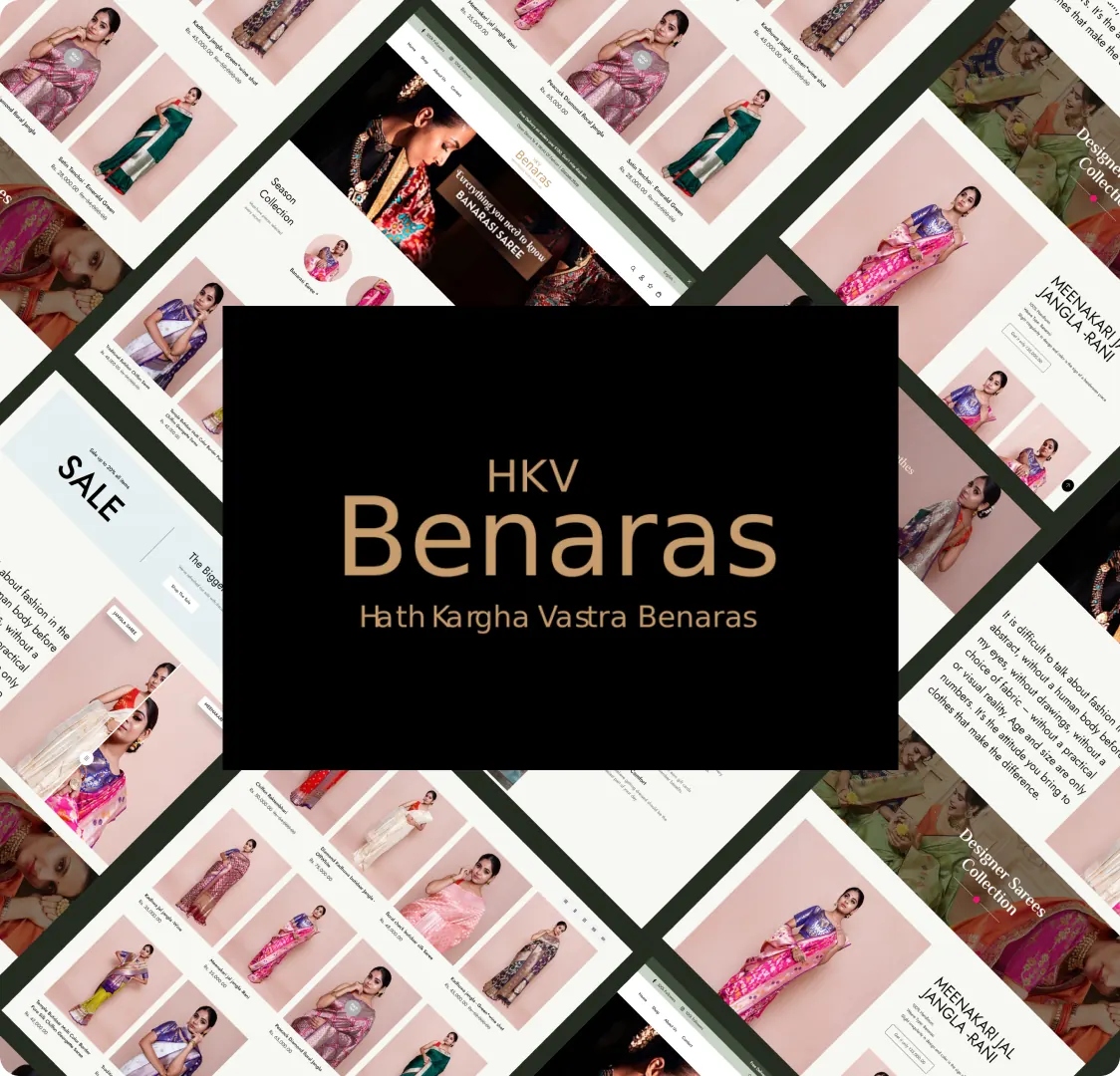 The HKV Benaras logo and tagline on a black panel, sitting over a diagonal grid of pages from the site.