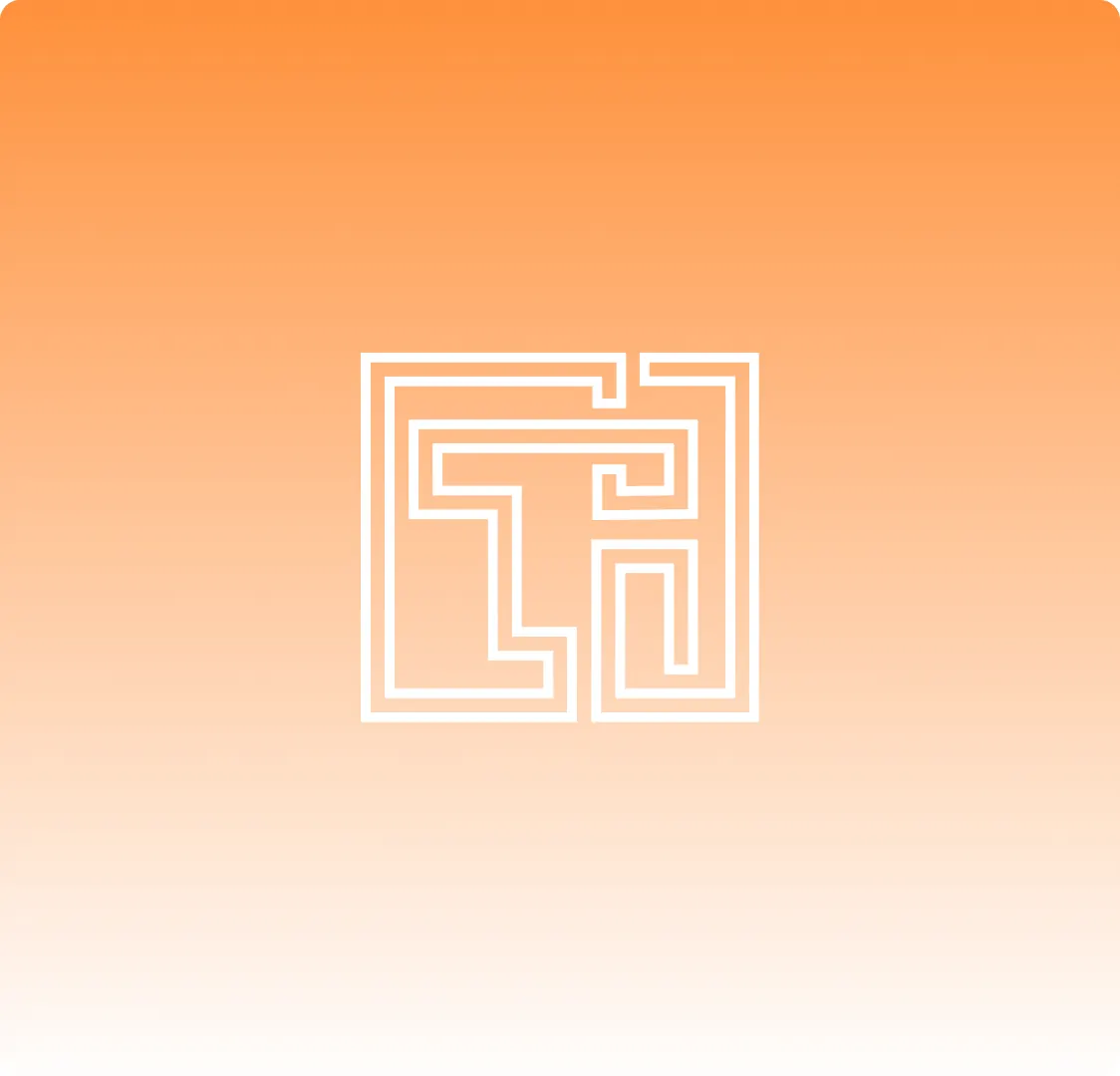 The Think Integrity monogram drawn in white line work on an orange gradient.
