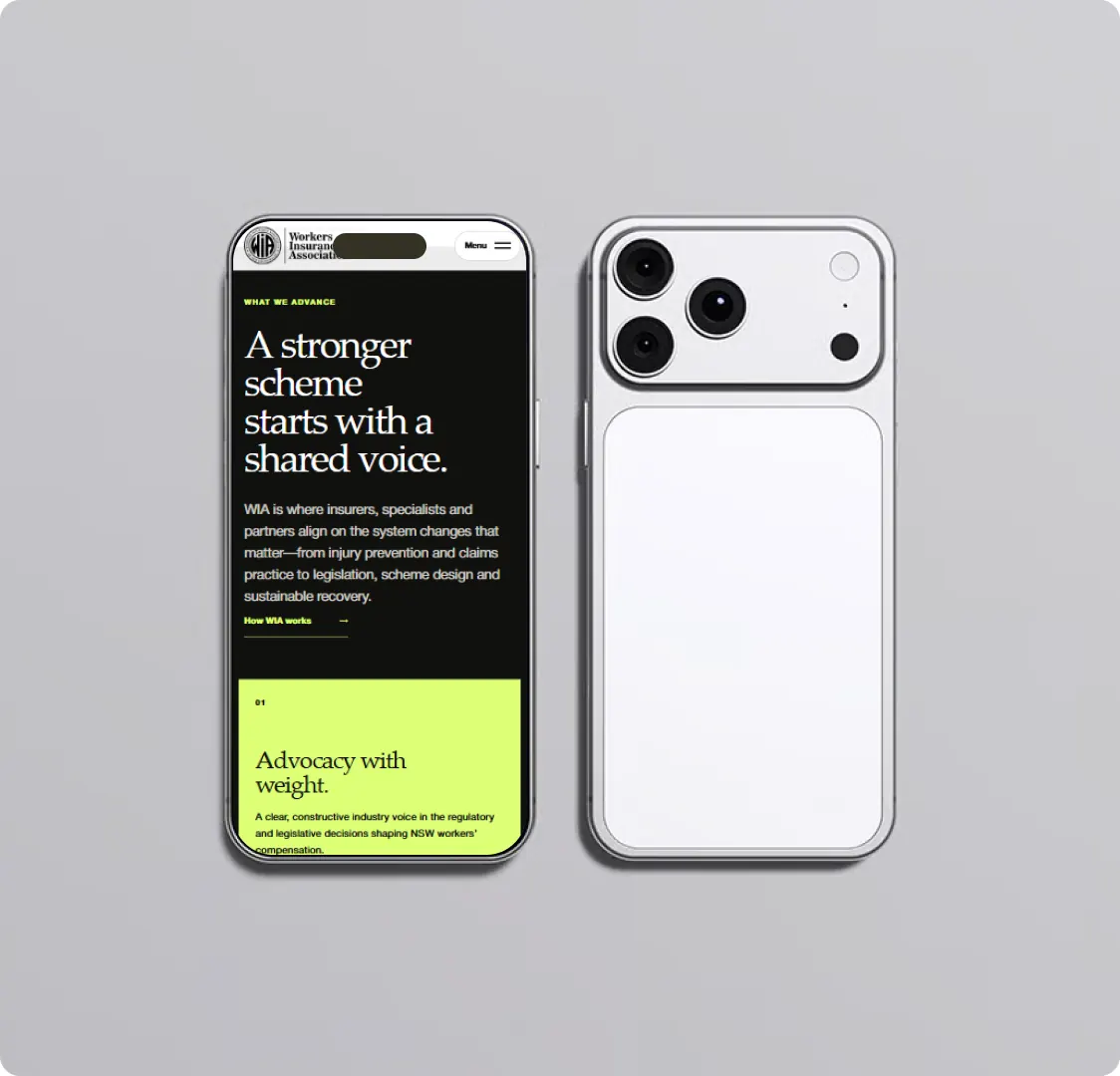 Two phones side by side, the left one showing the Workers Insurance Association mobile home page and its shared voice section.